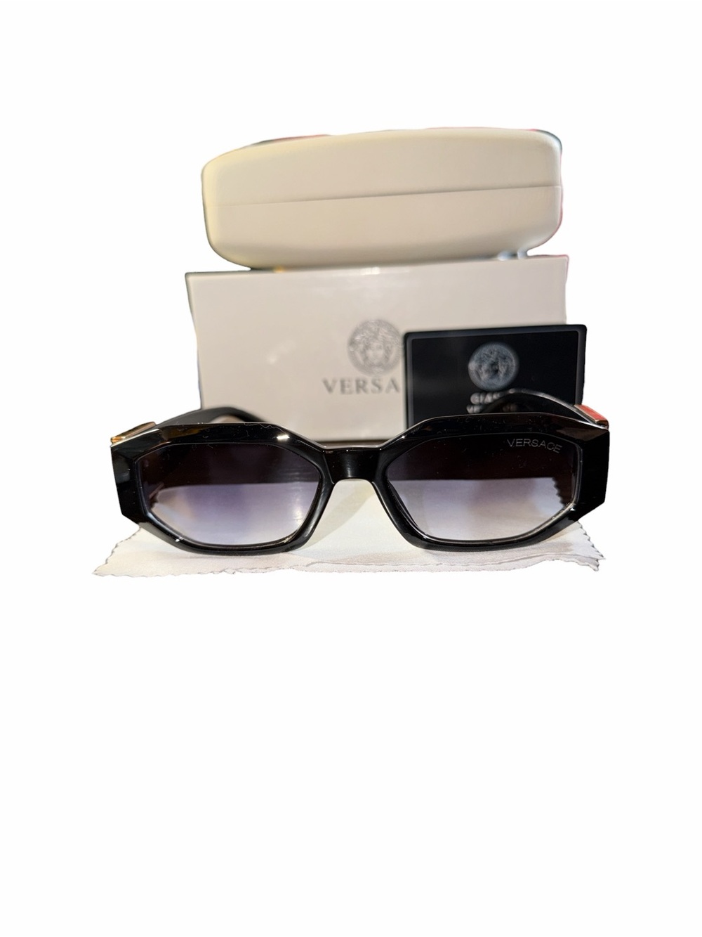 NWT Versace Black Geometric Medusa Plaque Sunglasses FULL SET Box Case UNISEX